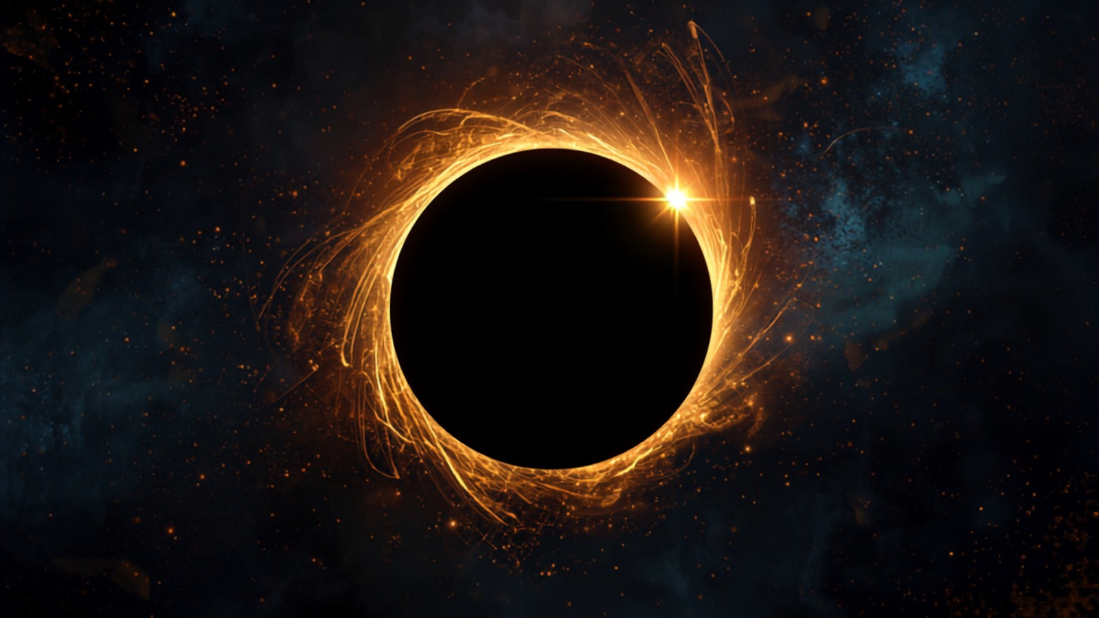 A dark disc eclipsing a brilliant golden corona of light with a bright diamond at the rim, in a deep cosmos — a total eclipse