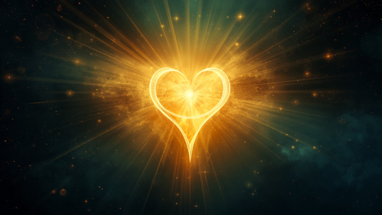 A radiant golden-green center blossoming open like a flower of light in a deep cosmos — the heart chakra