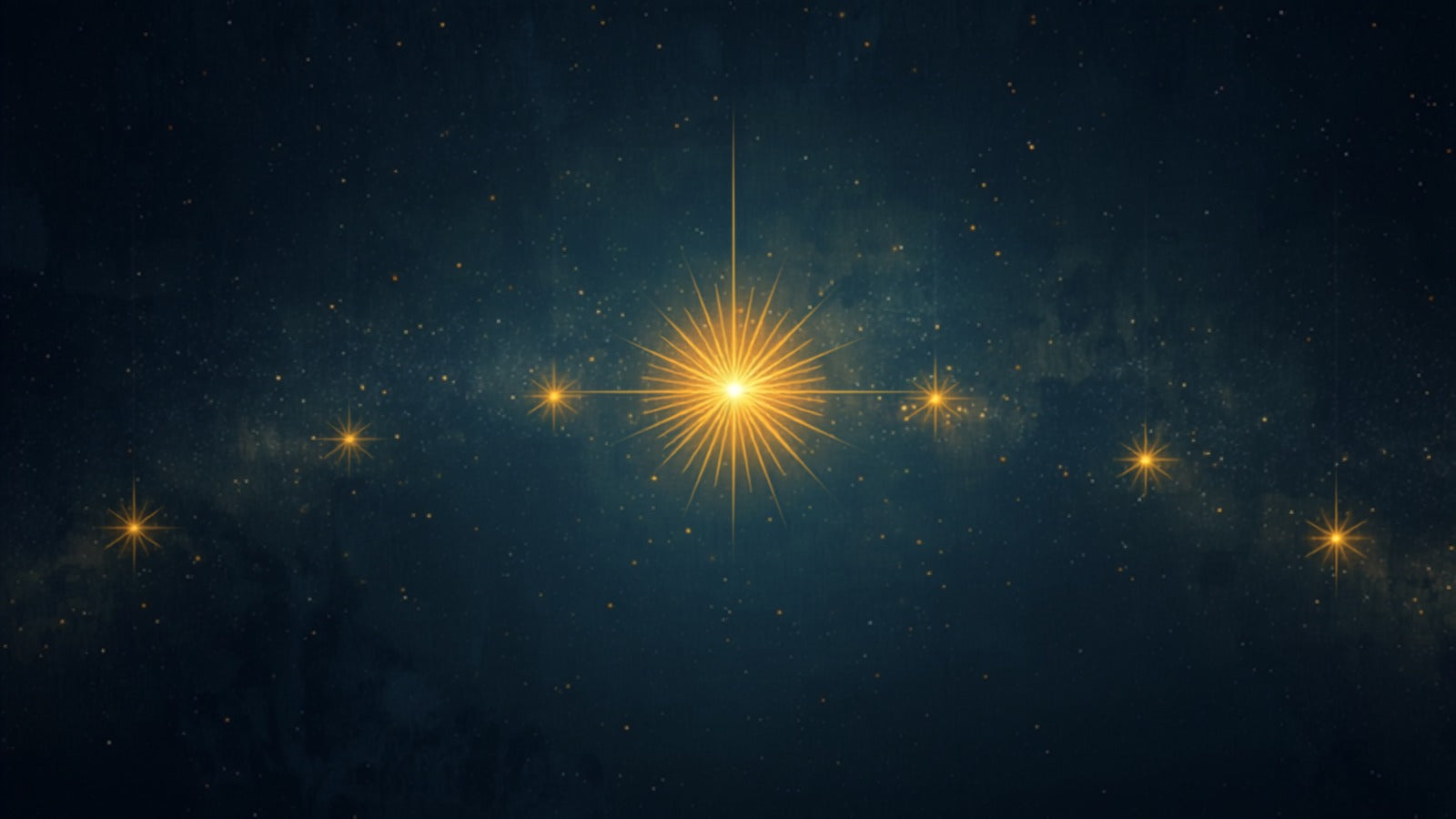 Seven points of golden light along a great rising-and-falling arc from dawn to dusk in a deep cosmos — the seven ages of man