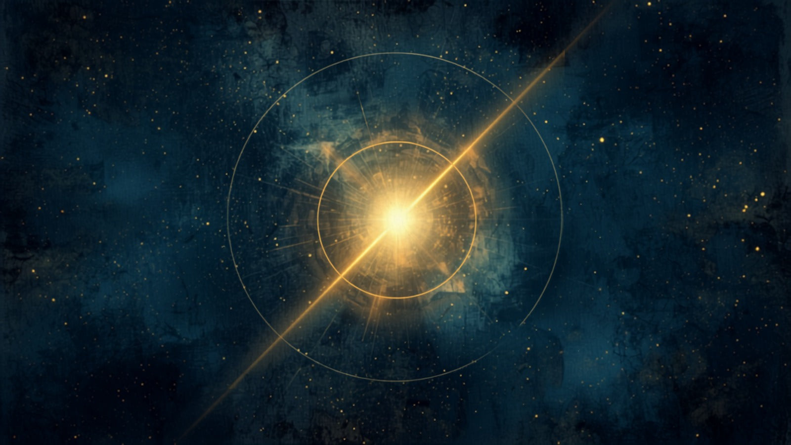 Two points of gold light at opposite ends of a luminous axis crossing a faint orbital ring in a deep cosmos — the lunar nodes, the eclipse axis