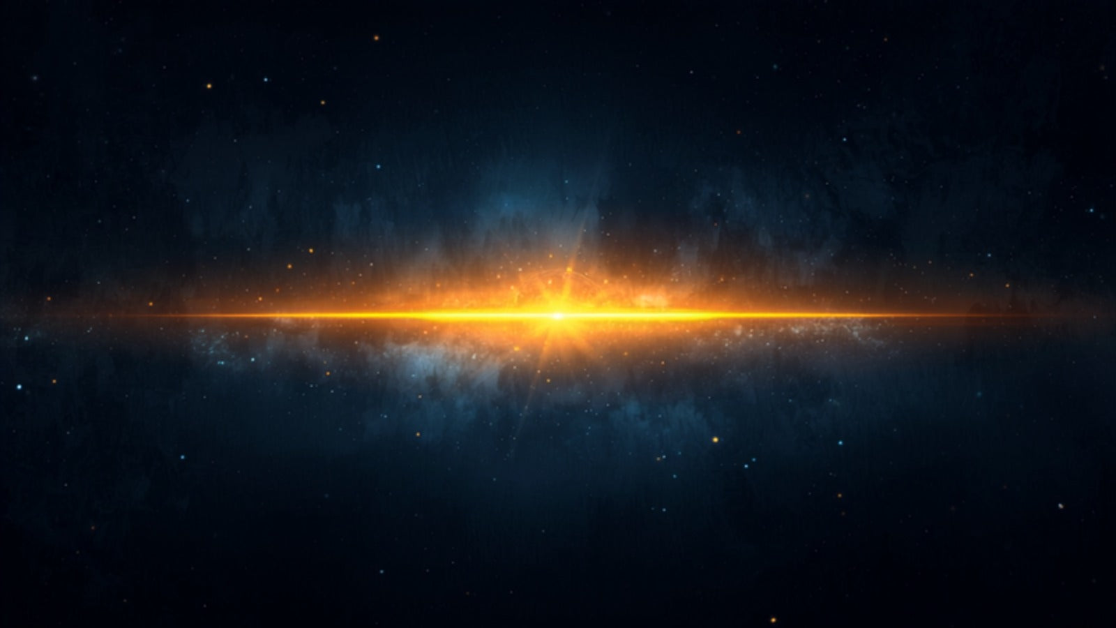 A glowing horizon of golden light crossing a vertical column of light over a faint ring of stars, four bright points where they meet, in a deep cosmos — the four angles