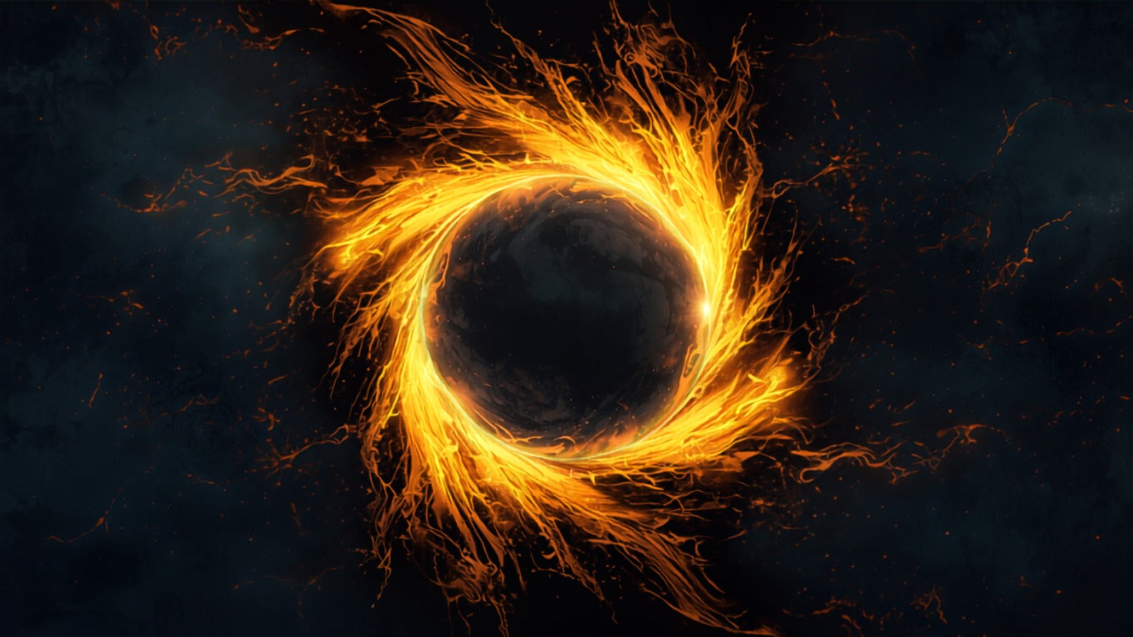 A dark crescent moon haloed by a wild fierce corona of golden fire against deep black space — Black Moon Lilith