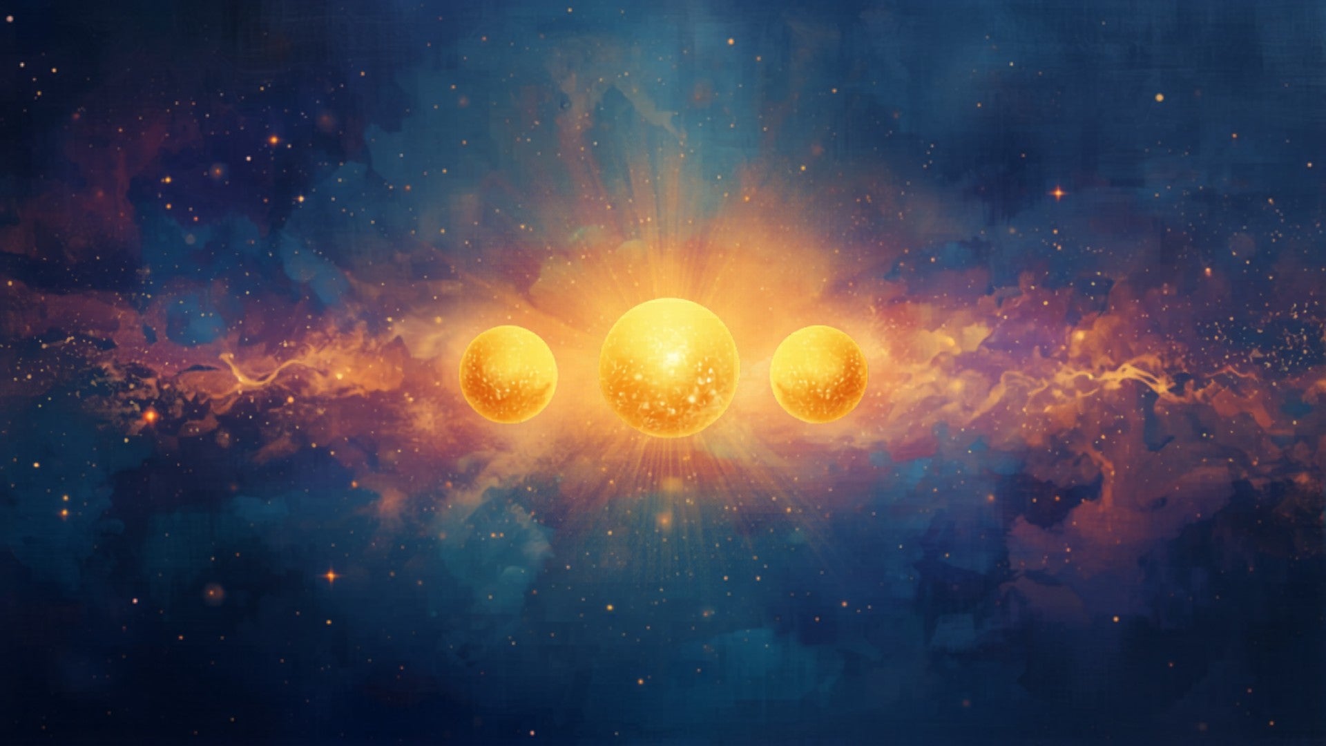 Three radiant golden orbs amid cosmic clouds and stars — the classical planets