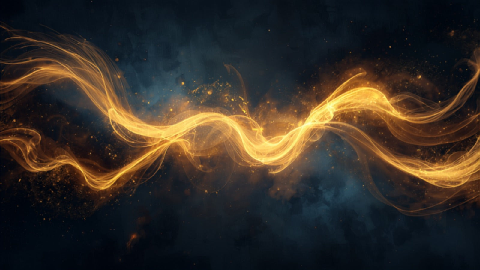 Three intertwining currents of golden light — airy, fiery, and heavy — weaving toward balance in a deep cosmic dark