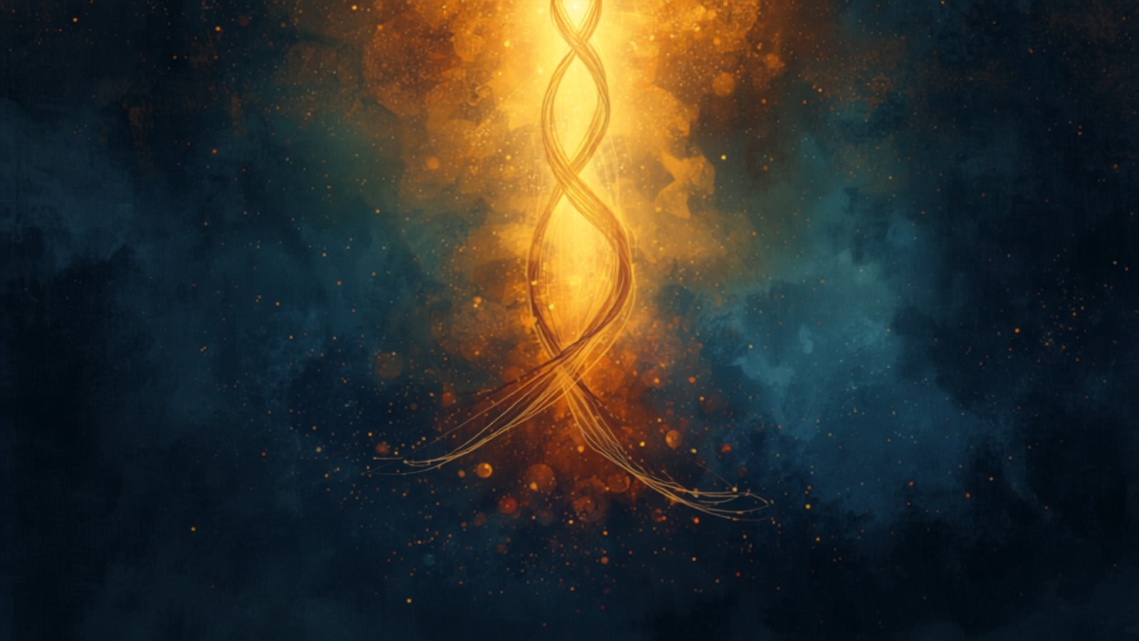 Three woven threads of light — dim, bright, and clear — ascending from dark to gold in a deep cosmos — the three gunas