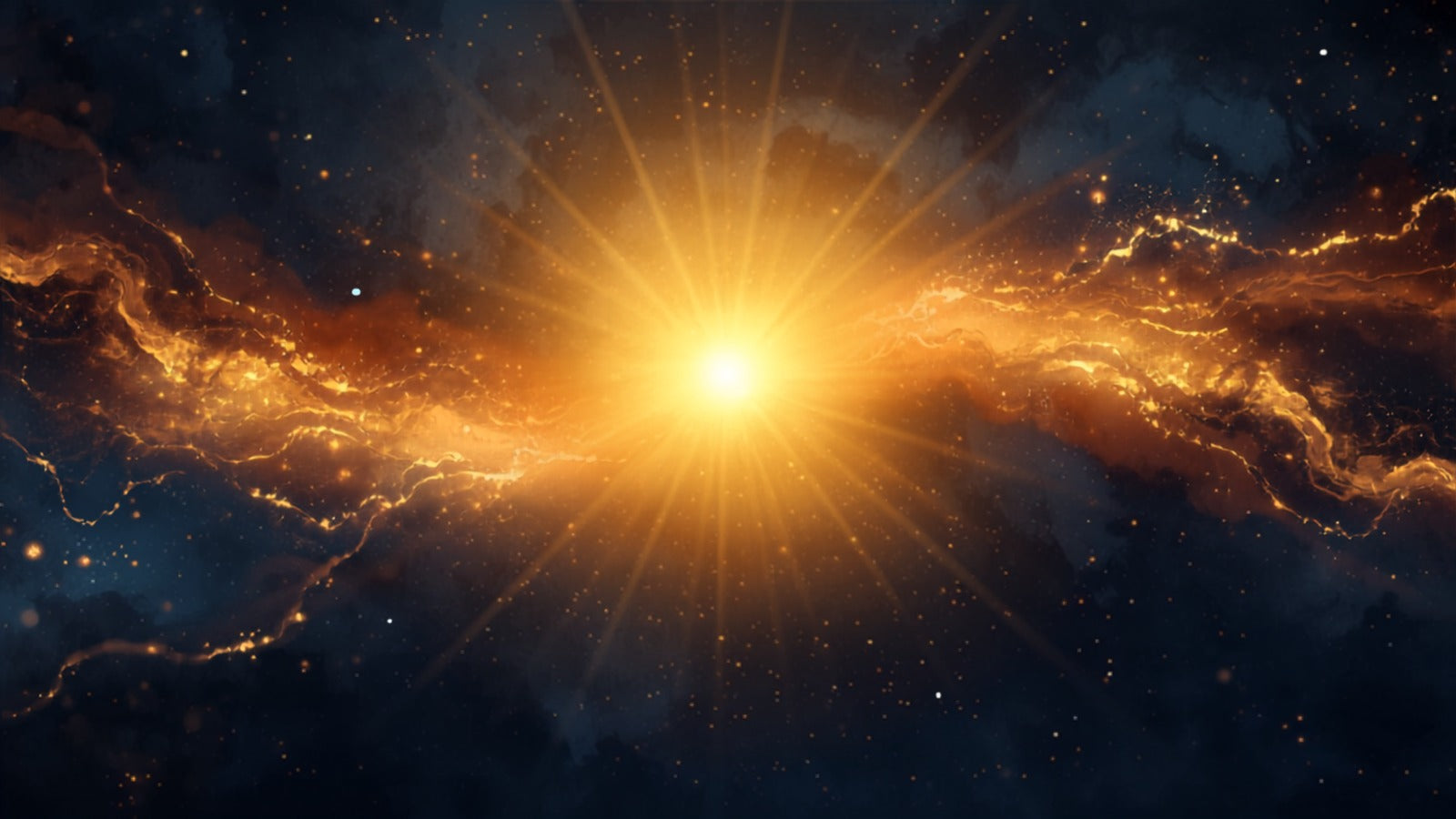 Two glowing centers of golden light joined by flowing currents into one continuous field in a deep cosmos — body and mind as one