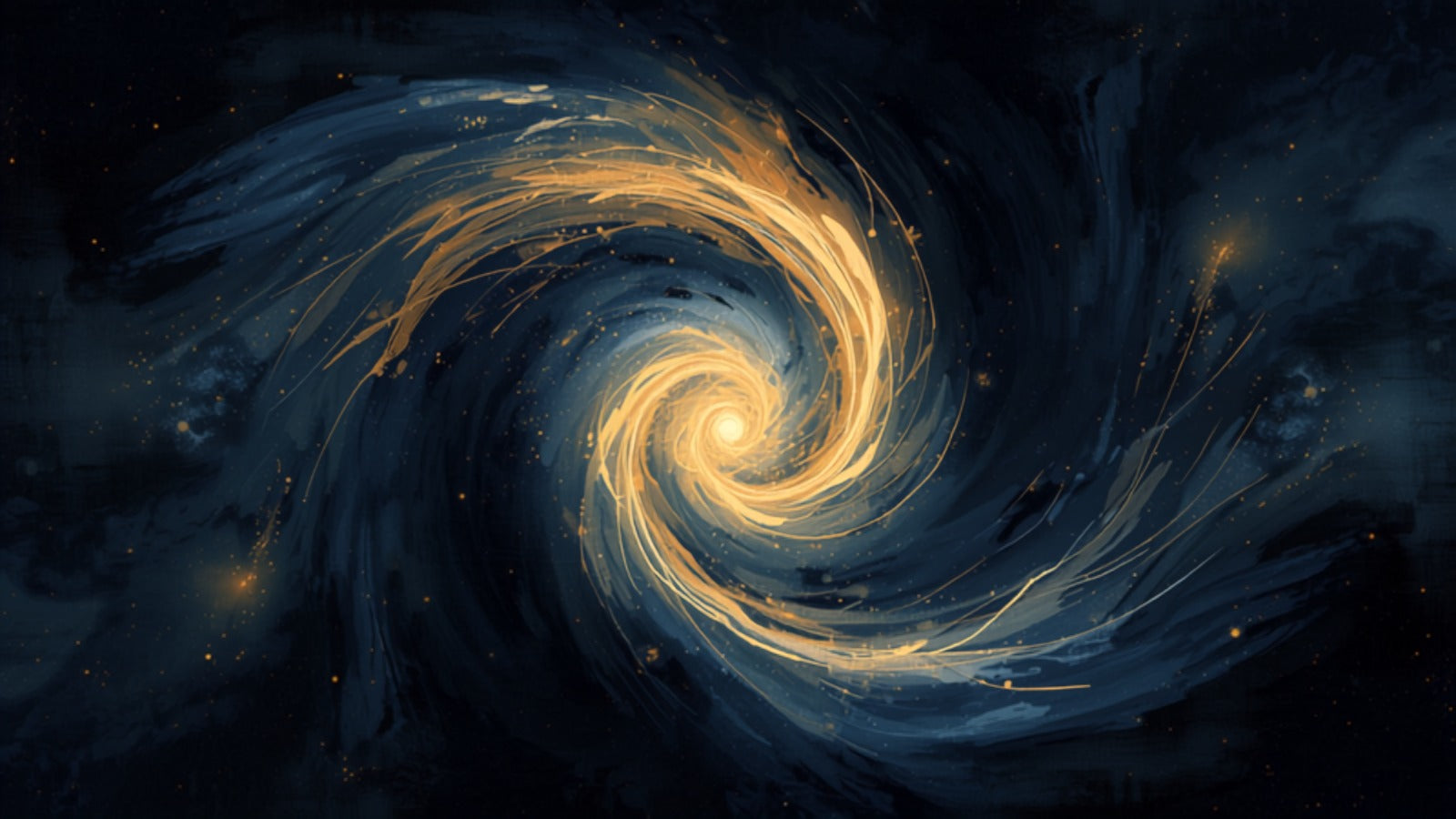 Two intertwining swirling currents of golden light, one bright and one shadowed, curling into each other in balance — yin and yang
