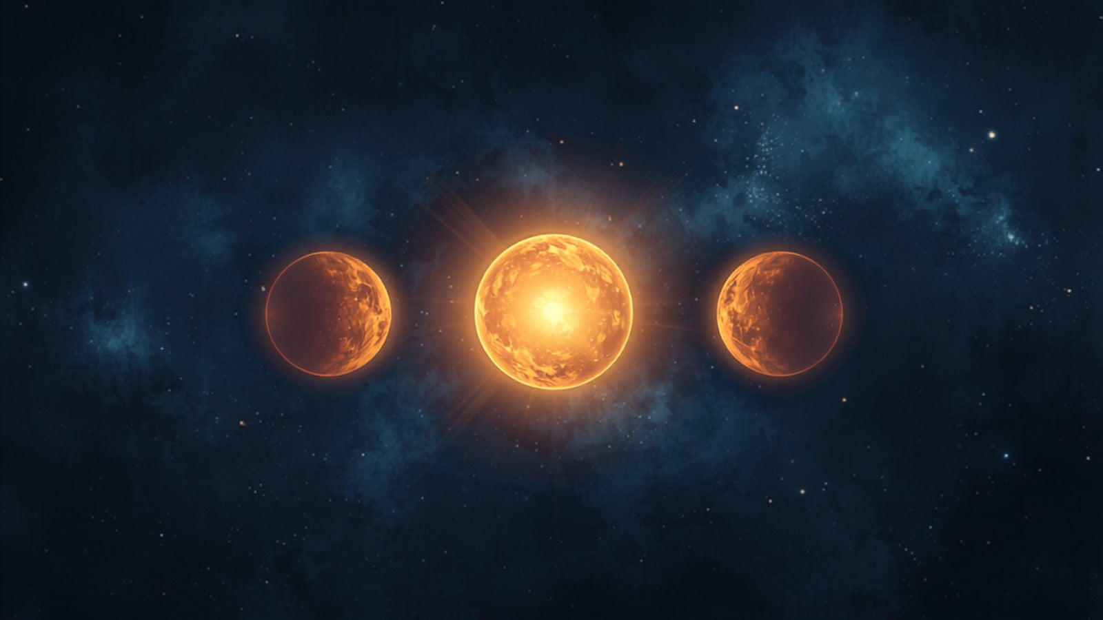 Three equal glowing golden orbs in a balanced triangle around a central light in a deep cosmos — the Enneagram's three centers