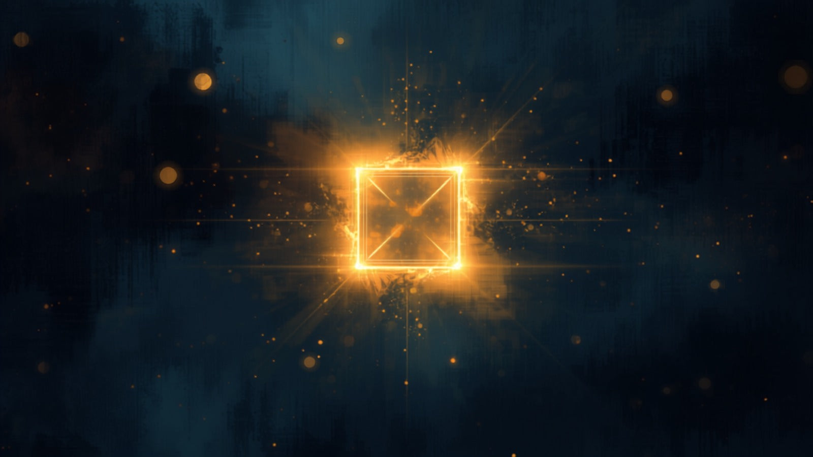 Four steady golden points anchored at four corners around a stable luminous cross in a deep cosmos — the Tetramorph, the four fixed signs