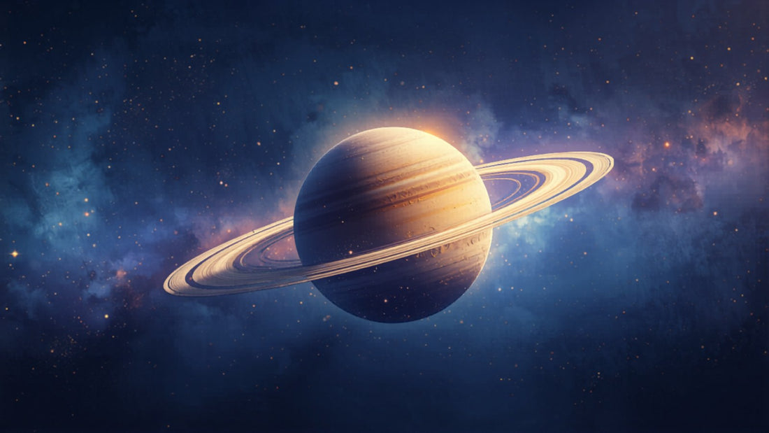 The ringed planet Saturn glowing in a cosmic sky