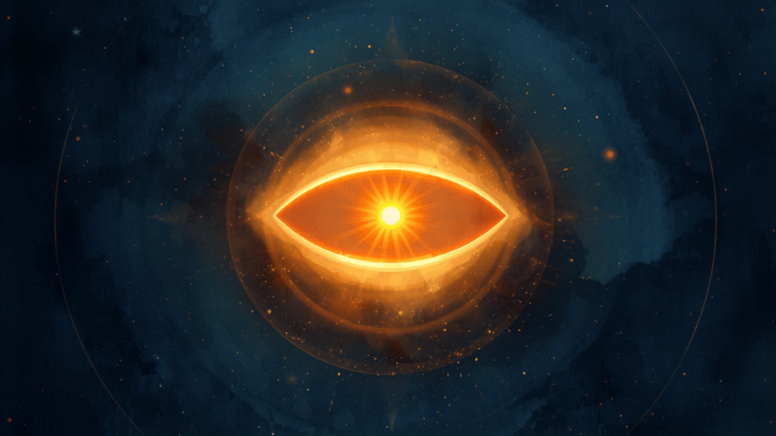 A radiant golden point within an almond-shaped lens of light surrounded by indigo radiance in a deep cosmos — the third eye, the body's inner sight