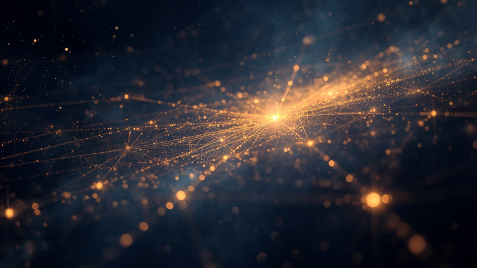 A continuous golden web of luminous filaments connecting glowing nodes across a deep cosmos — the body's fascial web