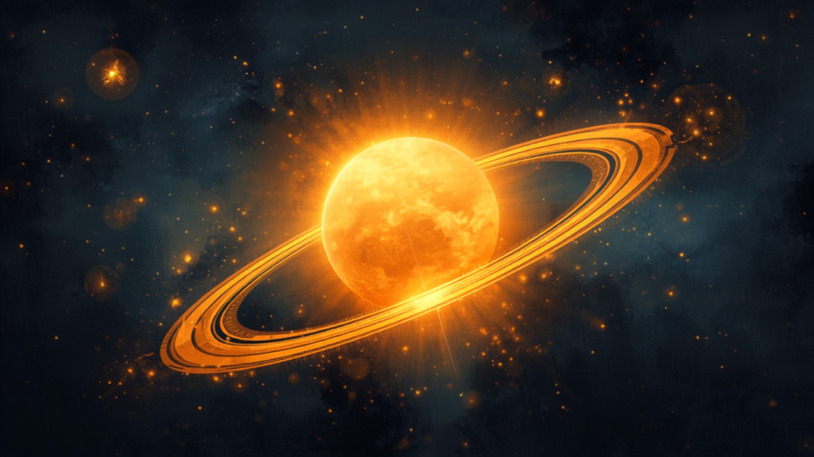 A brilliant radiant golden sun disc returning to a glowing marked point on a luminous orbit ring in a deep cosmos — the solar return
