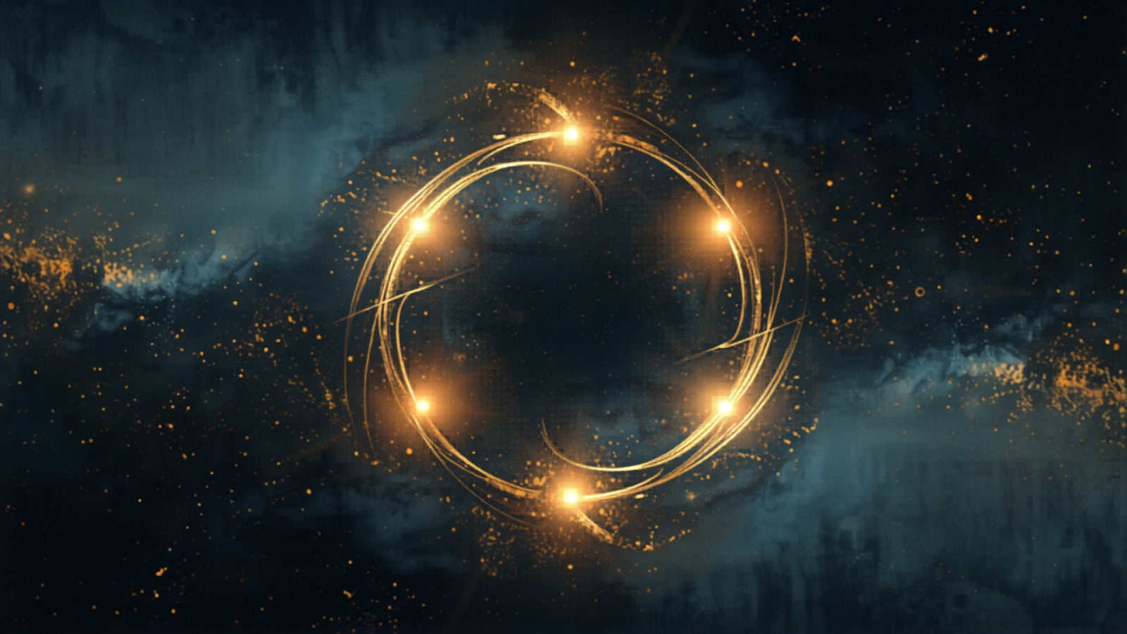 Five points of golden light joined into a turning wheel of currents against a deep cosmic dark — the five phases of Wu Xing