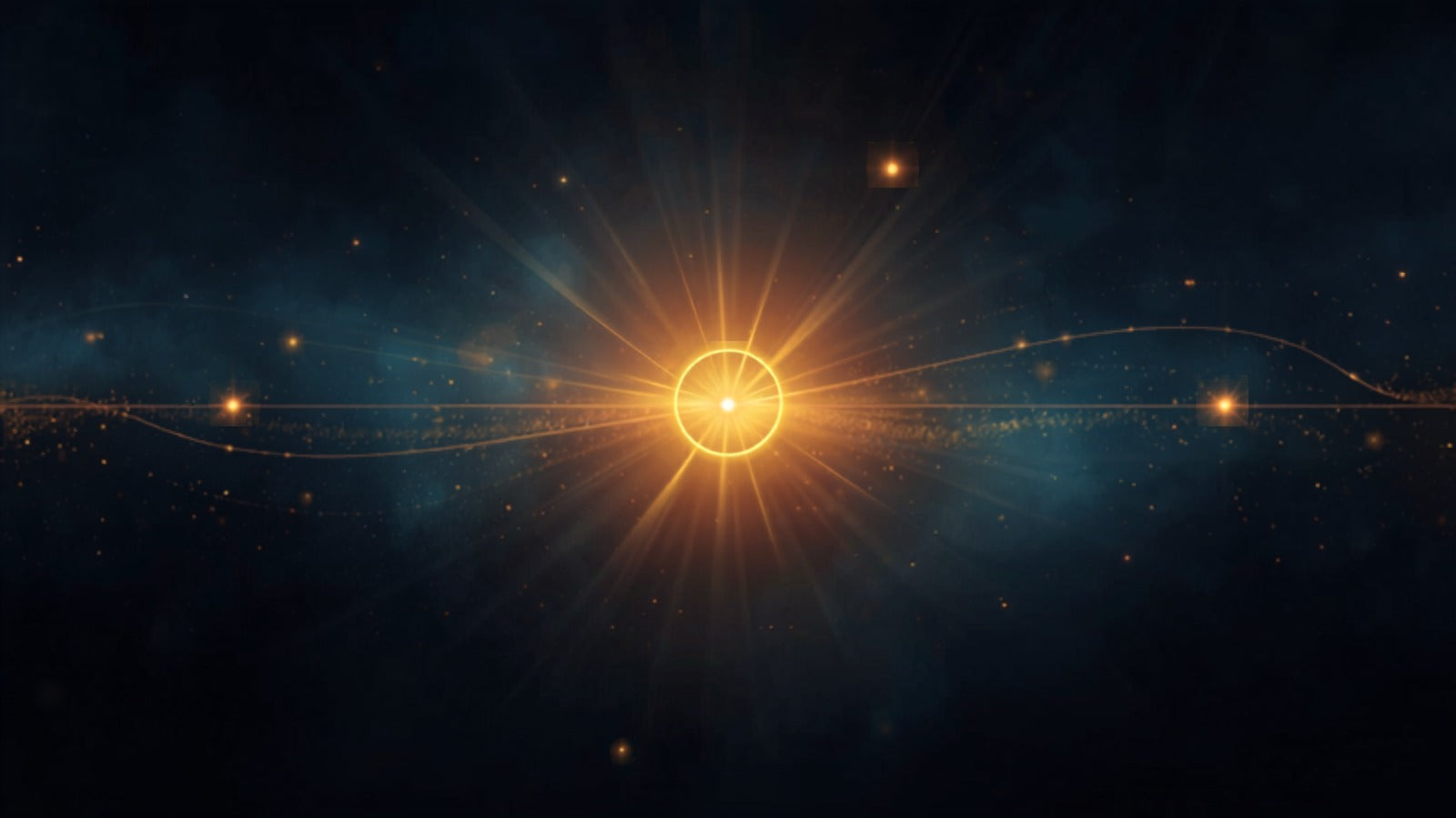 Two points of golden light meeting to close a luminous loop with three more points fanning beside them, in a deep cosmos — a mudra of light