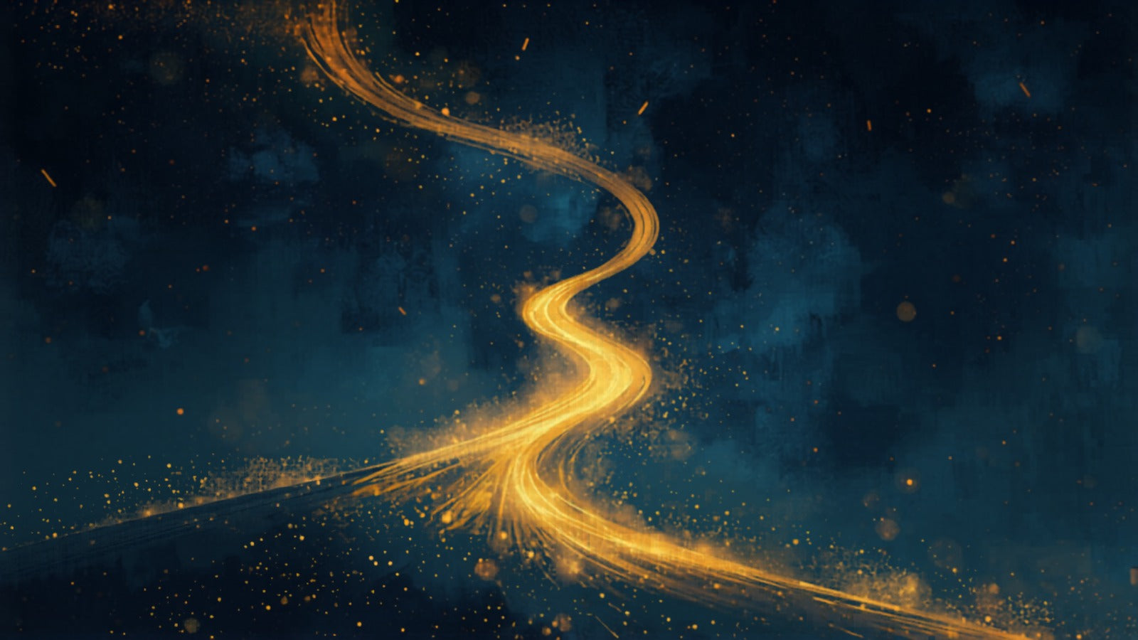 A winding ribbon of golden light rising through the cosmos toward a radiant threshold of light — the journey of the Major Arcana