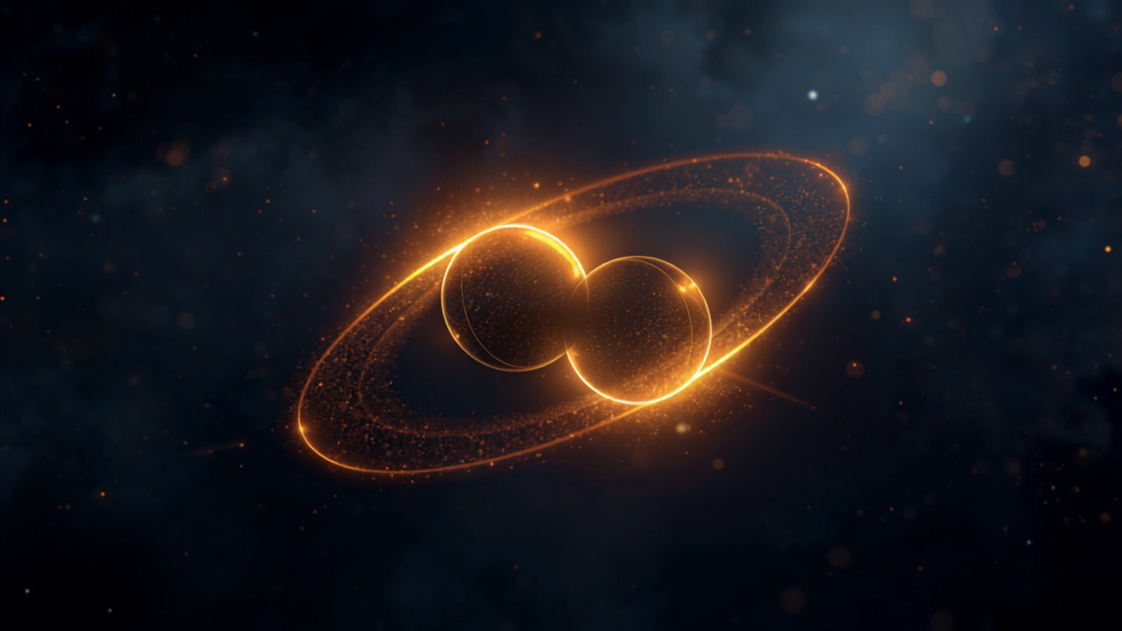 Two warm golden orbs held in a single shared orbit joined by a luminous thread, circling a common center, in a deep cosmos — Juno