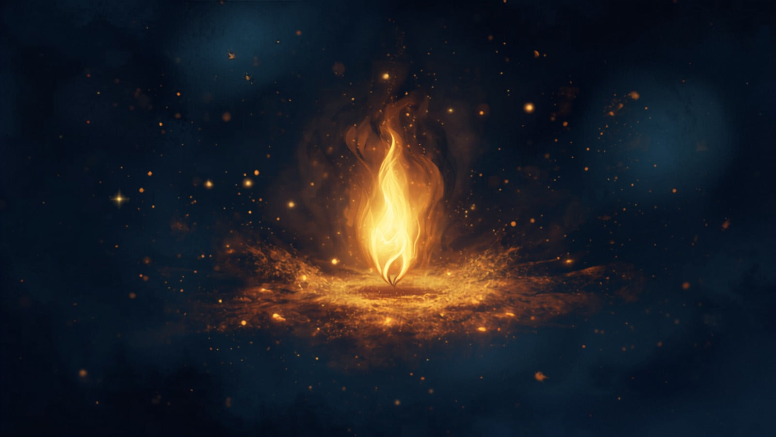A single steady golden flame burning at the center of a deep cosmos, haloed and tended, with drifting embers — Vesta, the hearth flame