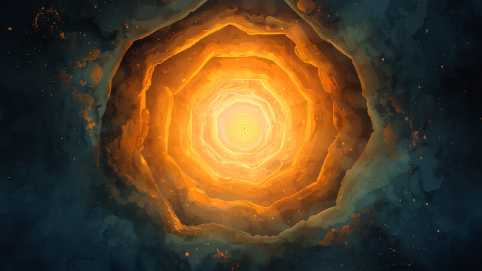Five concentric nested shells of golden light glowing from a bright core outward through softer amber haloes in a deep cosmos — the five koshas