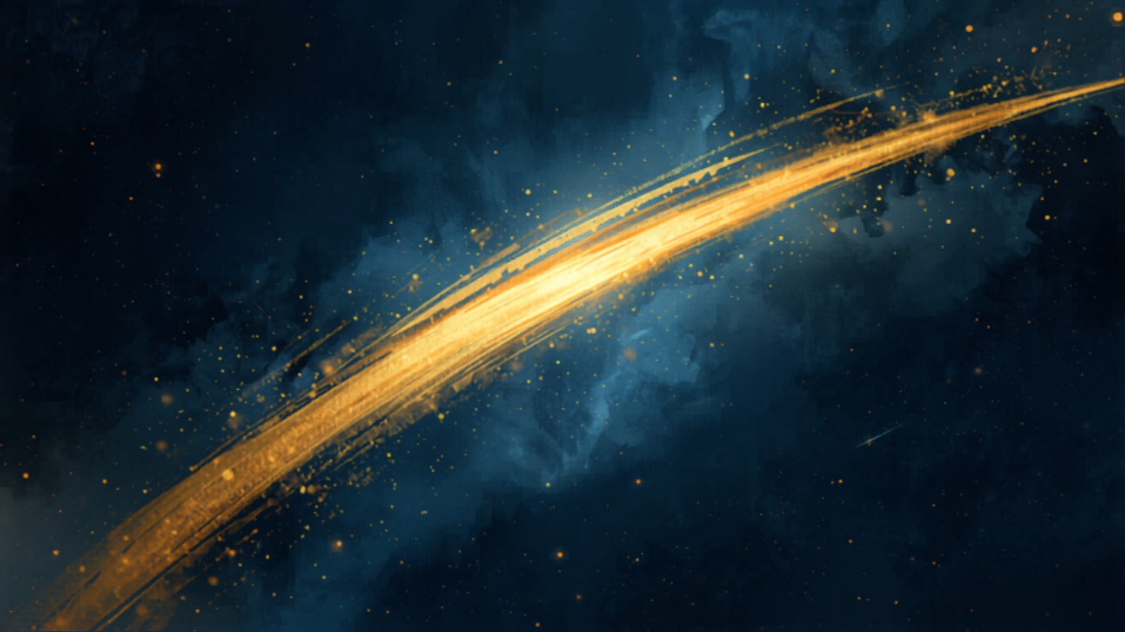 A bold golden arc of light sweeping far across a deep cosmic dark, expansive and reaching like an arrow's flight — Sagittarius, the hips and thighs