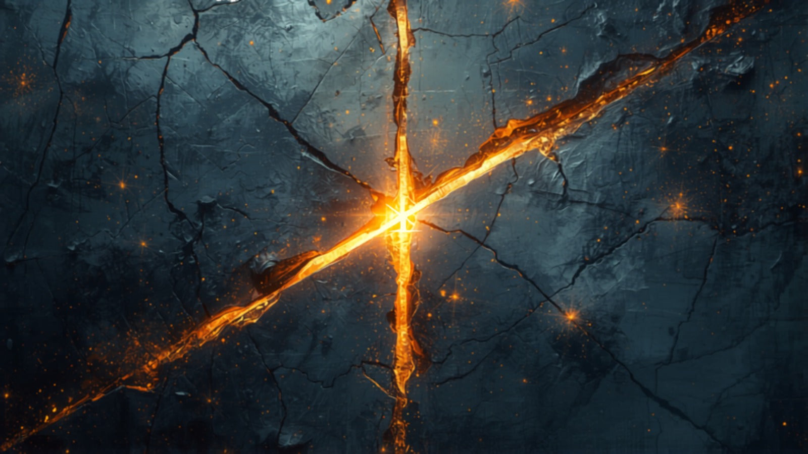 An ancient stone surface glowing with sharp angular strokes of golden light, like carved marks lit from within — the runes