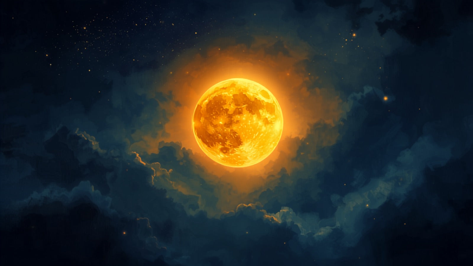 A soft glowing golden moon resting high in a deep restful starry night sky in a deep cosmos — the Moon and sleep