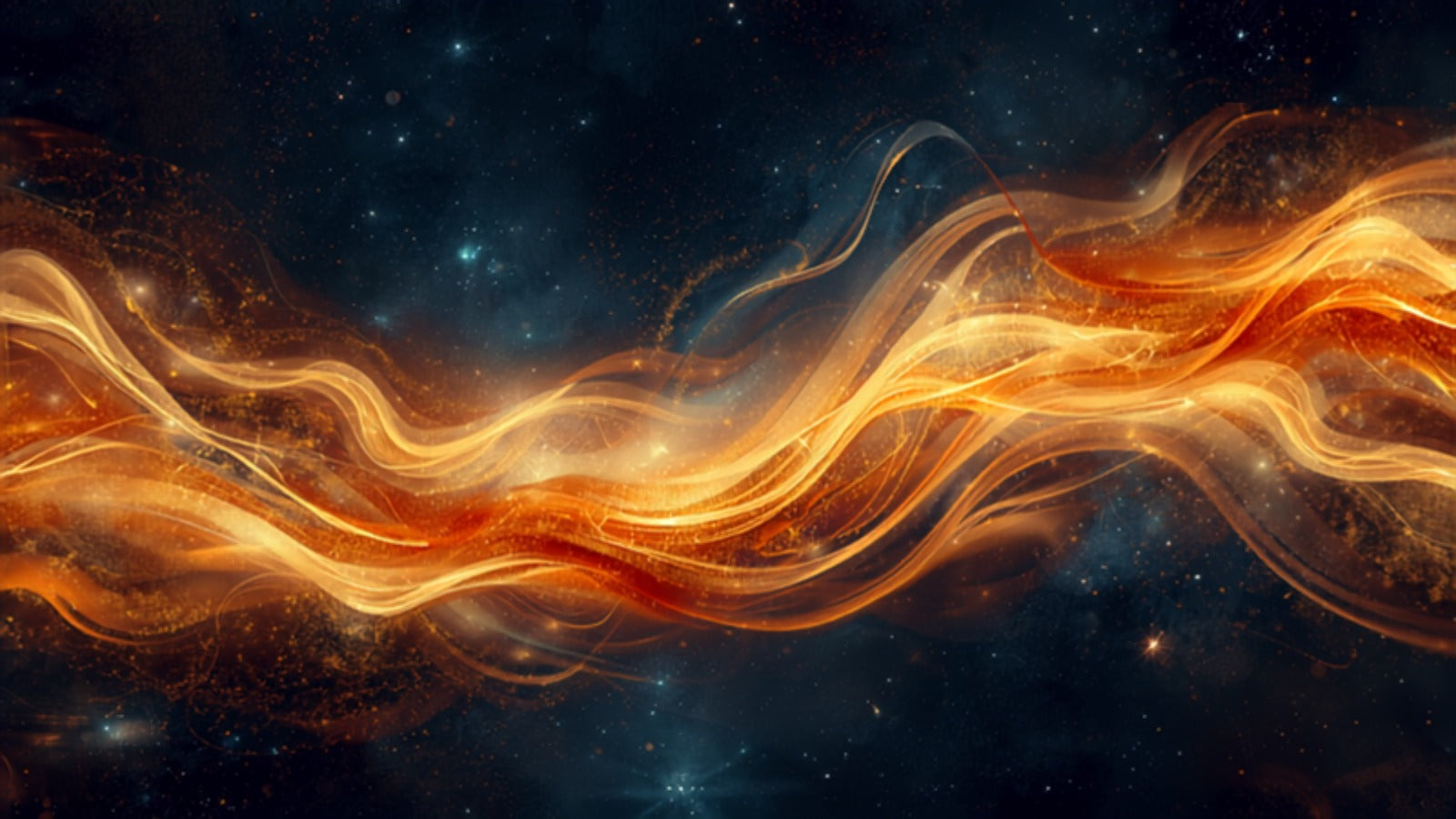 Warm orange and amber waves of light curving and undulating in fluid motion in a deep cosmos — the sacral chakra