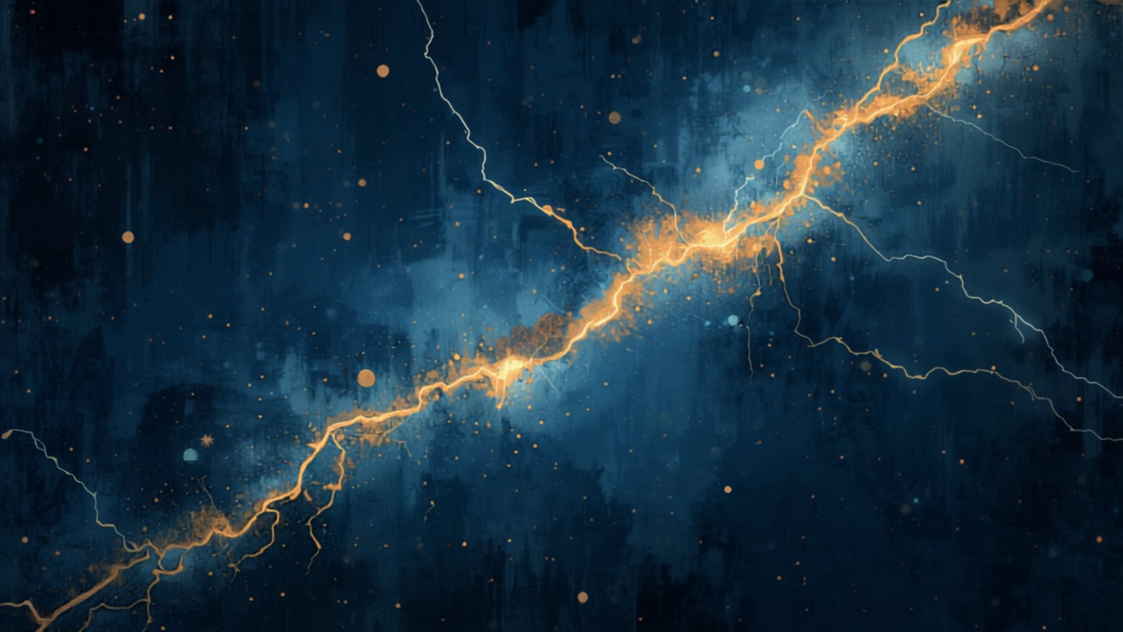 A brilliant fork of golden-white electric lightning cracking across a deep indigo cosmos — Uranus, the awakener