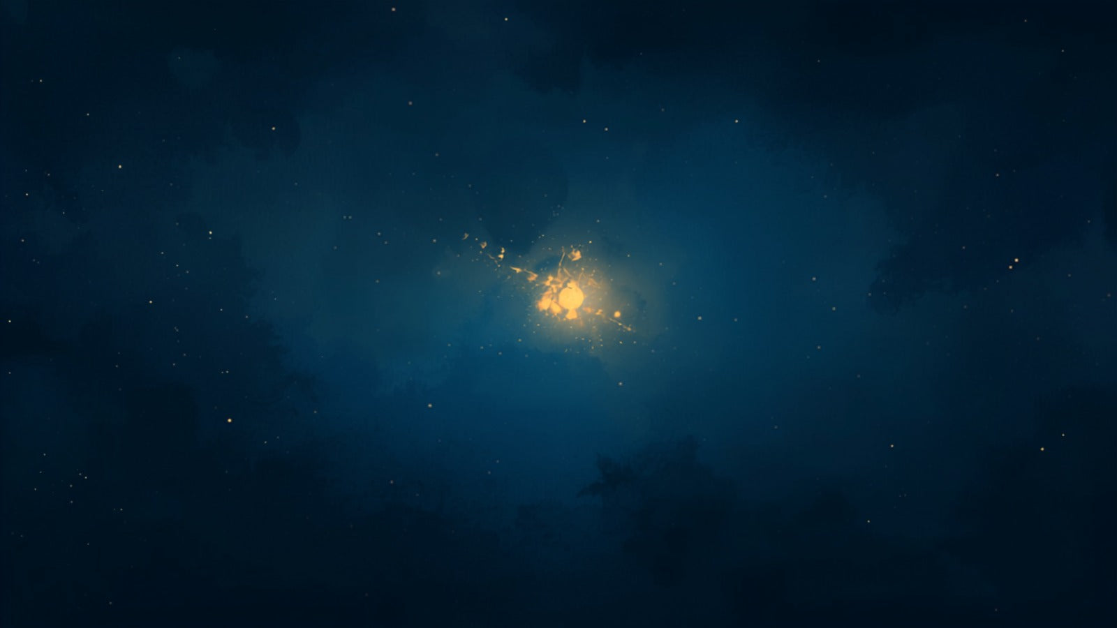 A single soft still point of golden light at the calm center of a vast serene deep indigo expanse — the still point