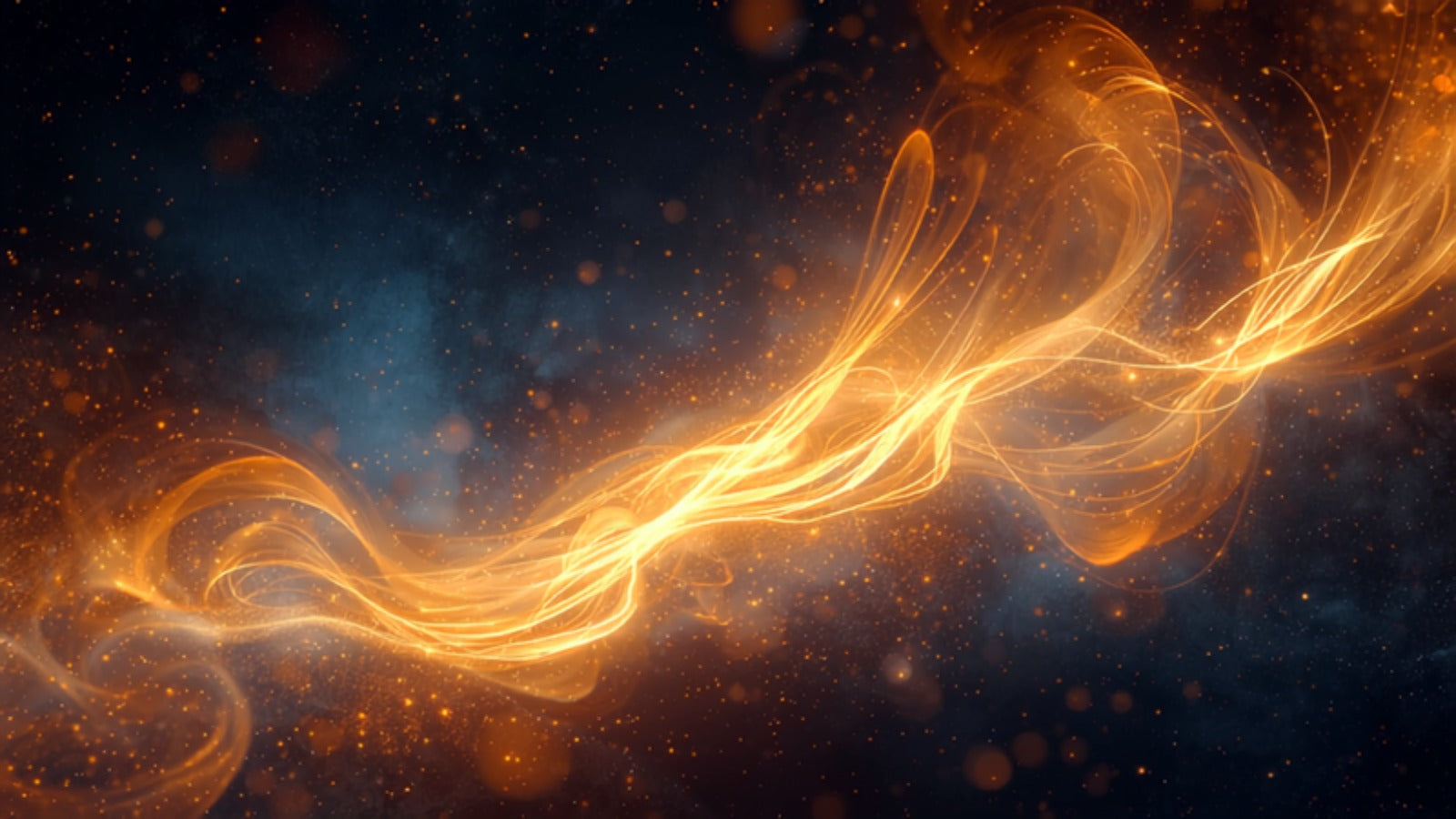 Swirling spiraling ribbons of golden light in joyful ecstatic motion in a deep cosmos — ecstatic dance