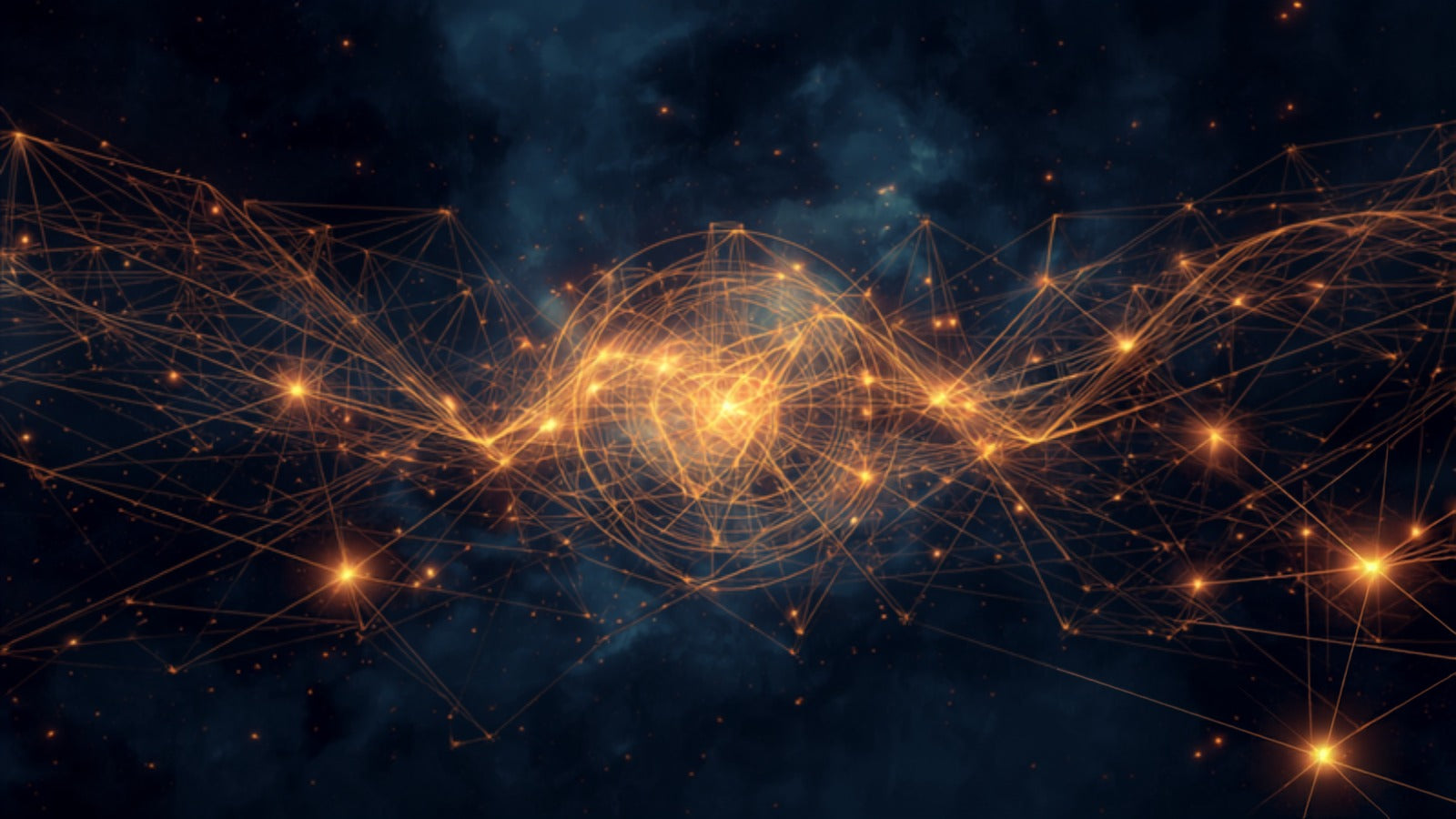 An intricate woven lattice of fine golden threads forming a balanced geometric tapestry of light in a deep cosmos — Pallas Athena, the weaver-strategist