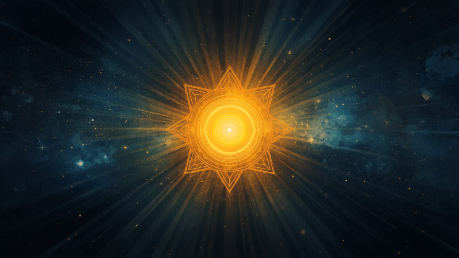 A small bright golden seed of light slowly unfurling into delicate petals and rings in a deep cosmos — secondary progressions