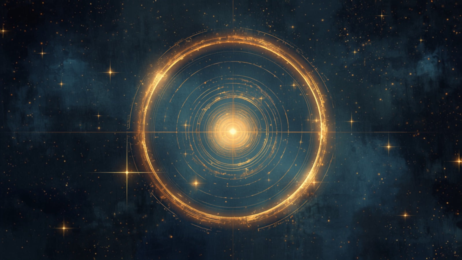 A vast slow golden wheel of light turning among the stars, rings within rings traced by a wobbling axis, in a deep cosmos — the Great Year of precession