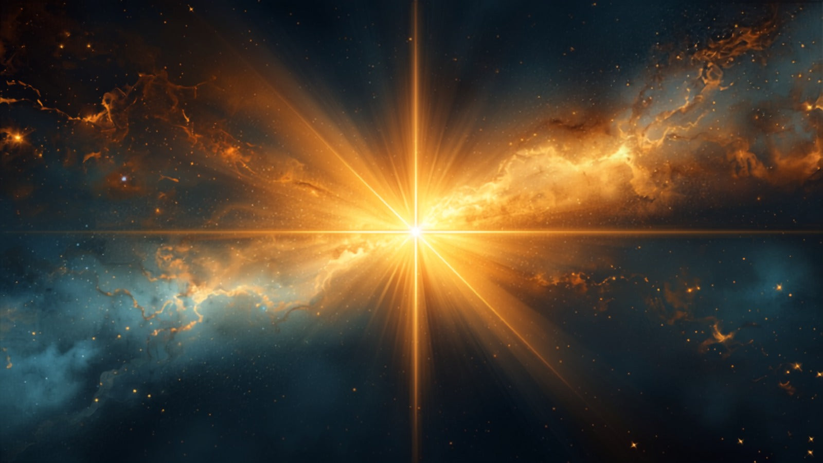 Four soft quadrants of light — warm amber and cool pale-gold — meeting at a glowing center in a deep cosmos, the four qualities in balance