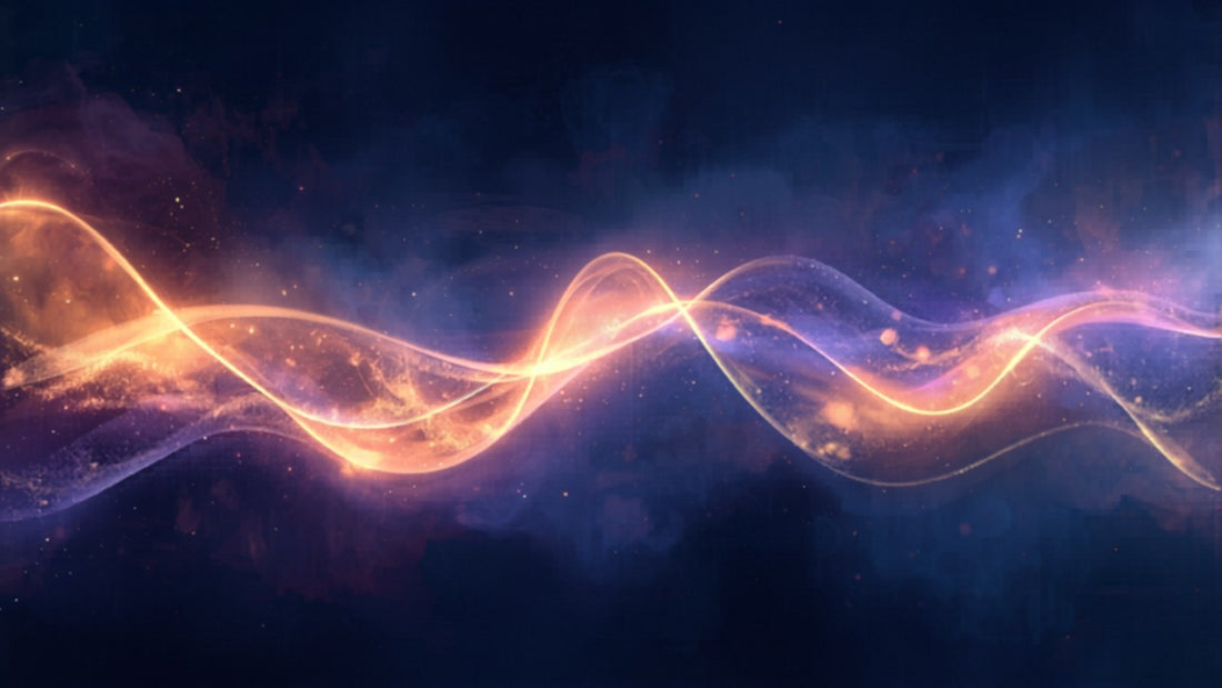 Soft gold and violet auras drifting in a cosmic sky