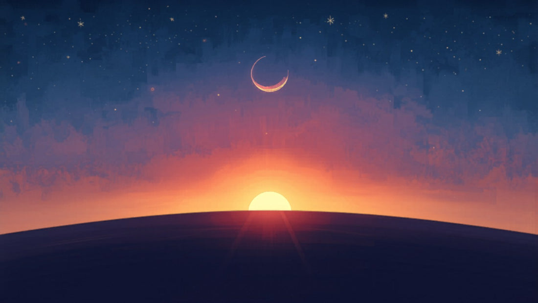 Sun, moon, and a rising dawn over a cosmic horizon