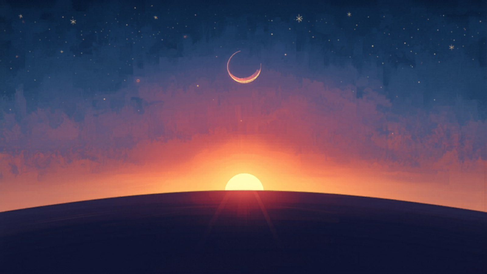 Sun, moon, and a rising dawn over a cosmic horizon