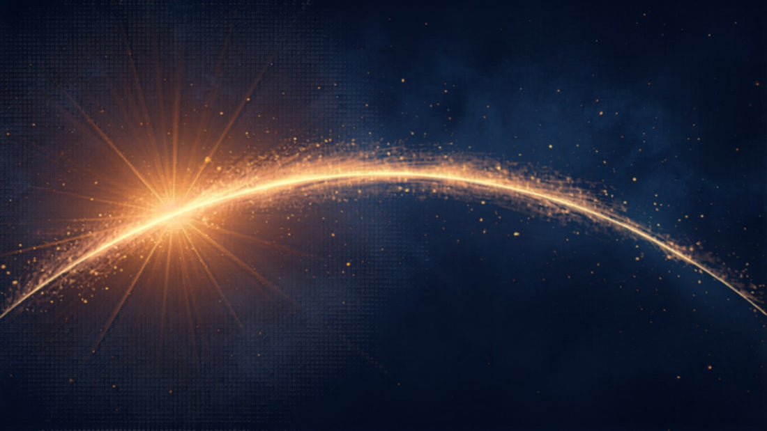 A glowing arc from sun to moon across a cosmic sky