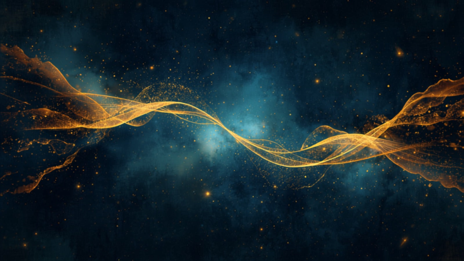 Two intertwining currents of quick golden light weaving across a deep cosmic dark — Gemini, the hands and the breath