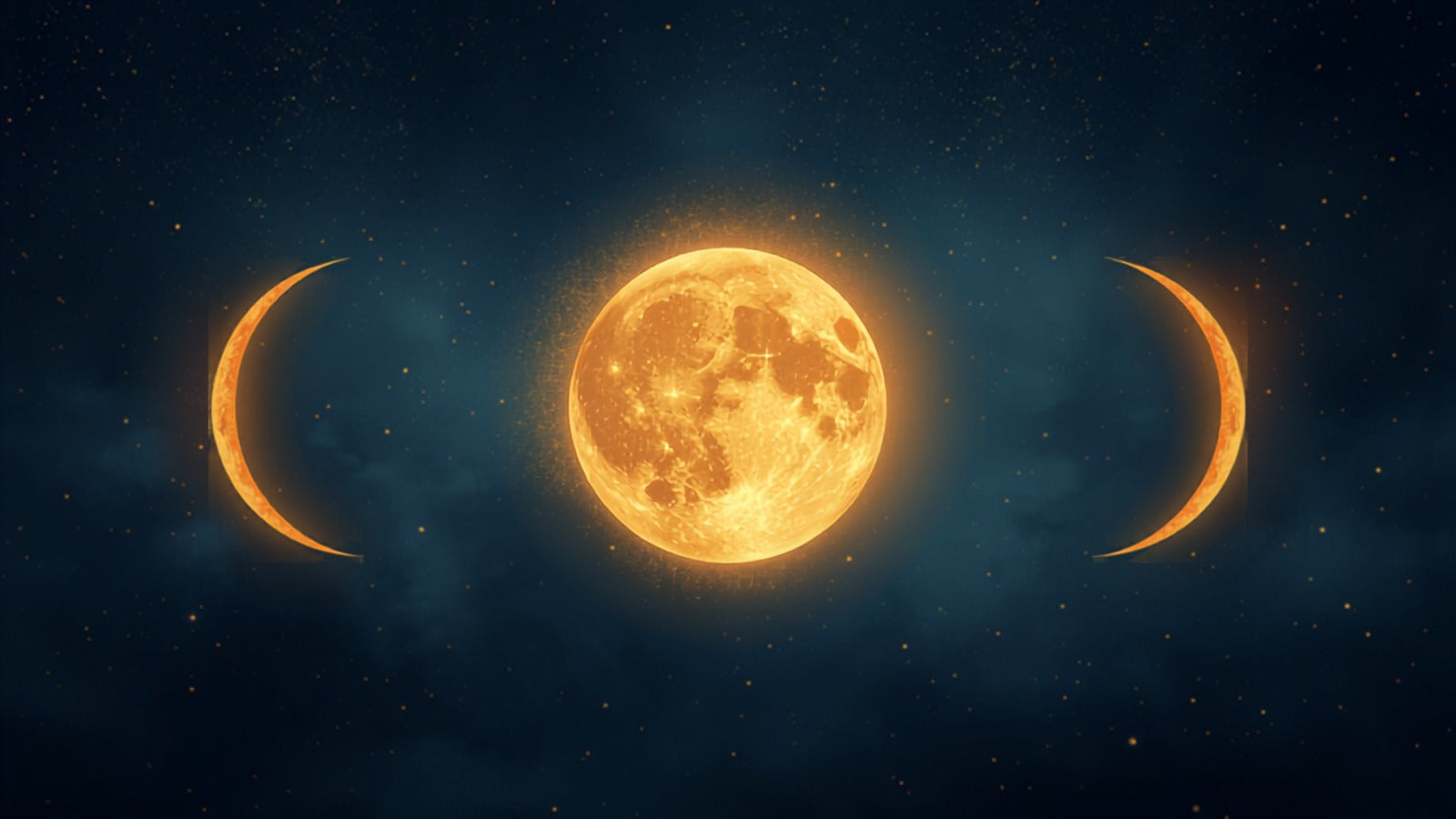 Three golden moons in a row — waxing crescent, full, and waning crescent — in a deep cosmos, the triple goddess