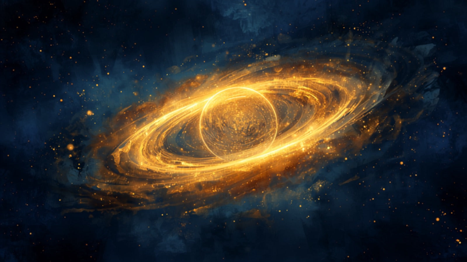 Molten gold dissolving and reforming in a deep cosmic vessel of light — the alchemical turning of solve et coagula