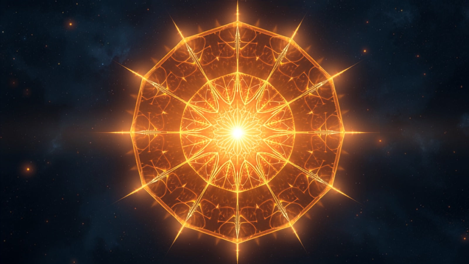 A radiant eight-fold golden mandala of light radiating in octagonal symmetry around a central glow in a deep cosmos — the eight trigrams of the I Ching