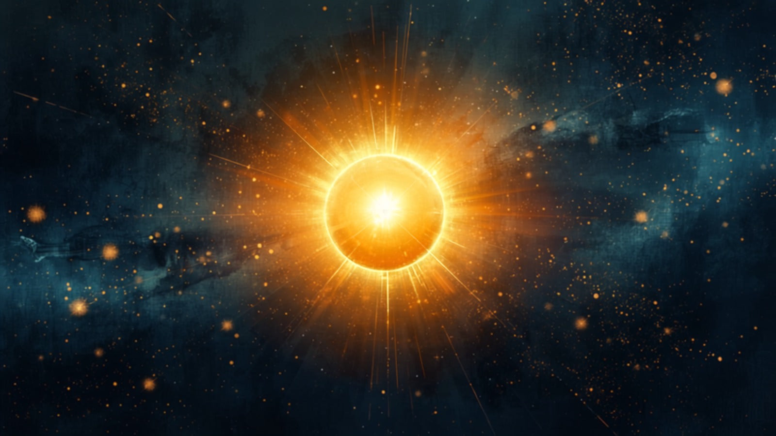 A brilliant golden orb crowned by a radiant burst of light at the center of a deep cosmos, with fainter dim points toward the edges — planetary dignity