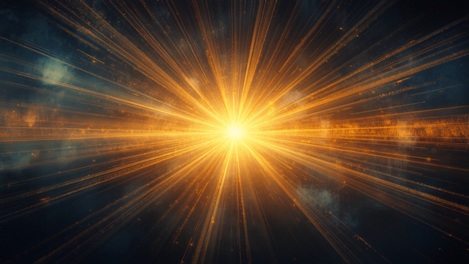 Seven radiant rays of golden light emanating from a luminous center in a deep cosmic dark — the seven Hermetic principles