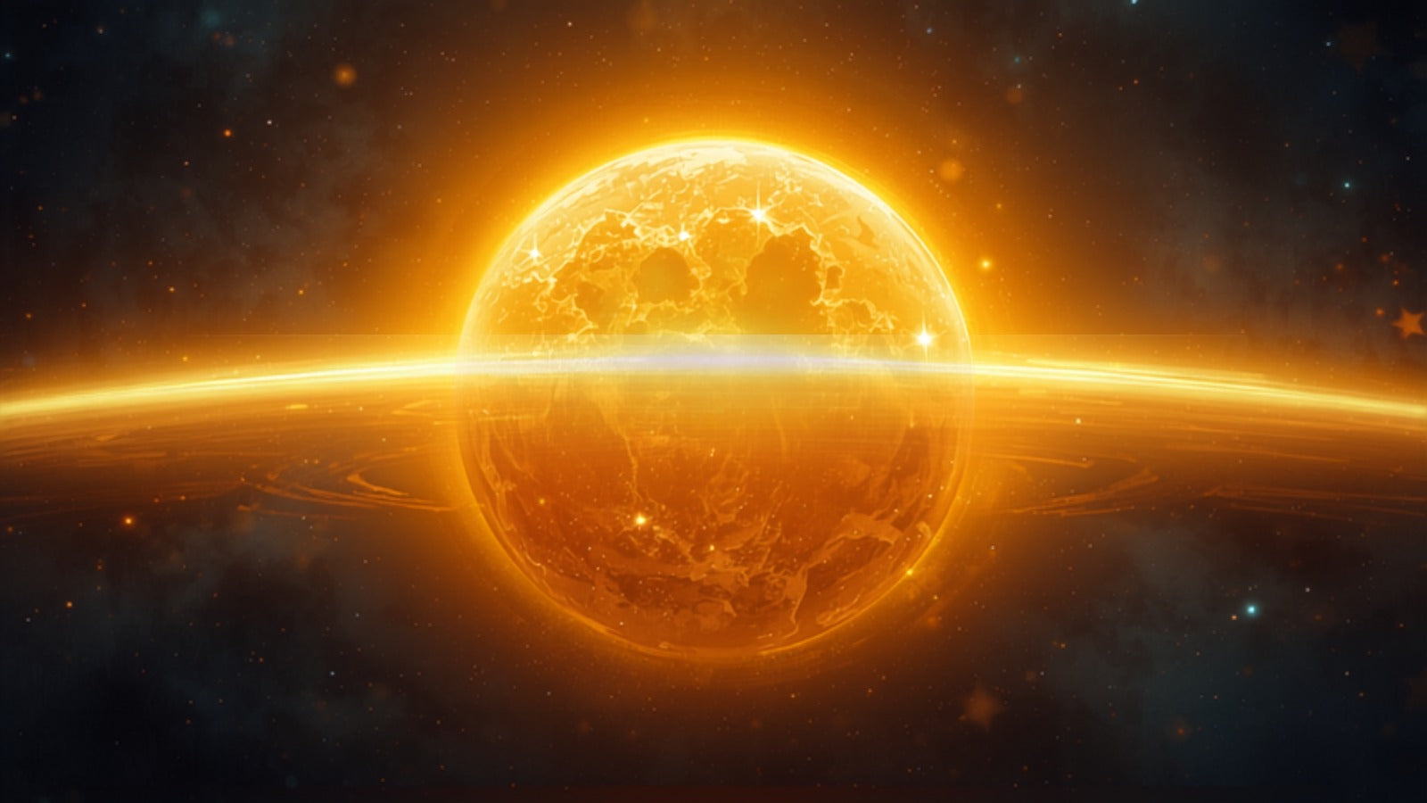 A great radiant golden banded orb expanding into a wide glowing aura in a deep cosmos — Jupiter, the planet of expansion