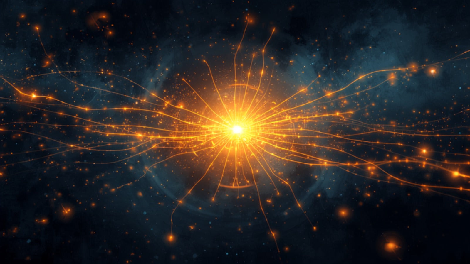 A bright golden point trailing luminous threads branching to many smaller points like a nerve network in a deep cosmos — Mercury, the body's messenger
