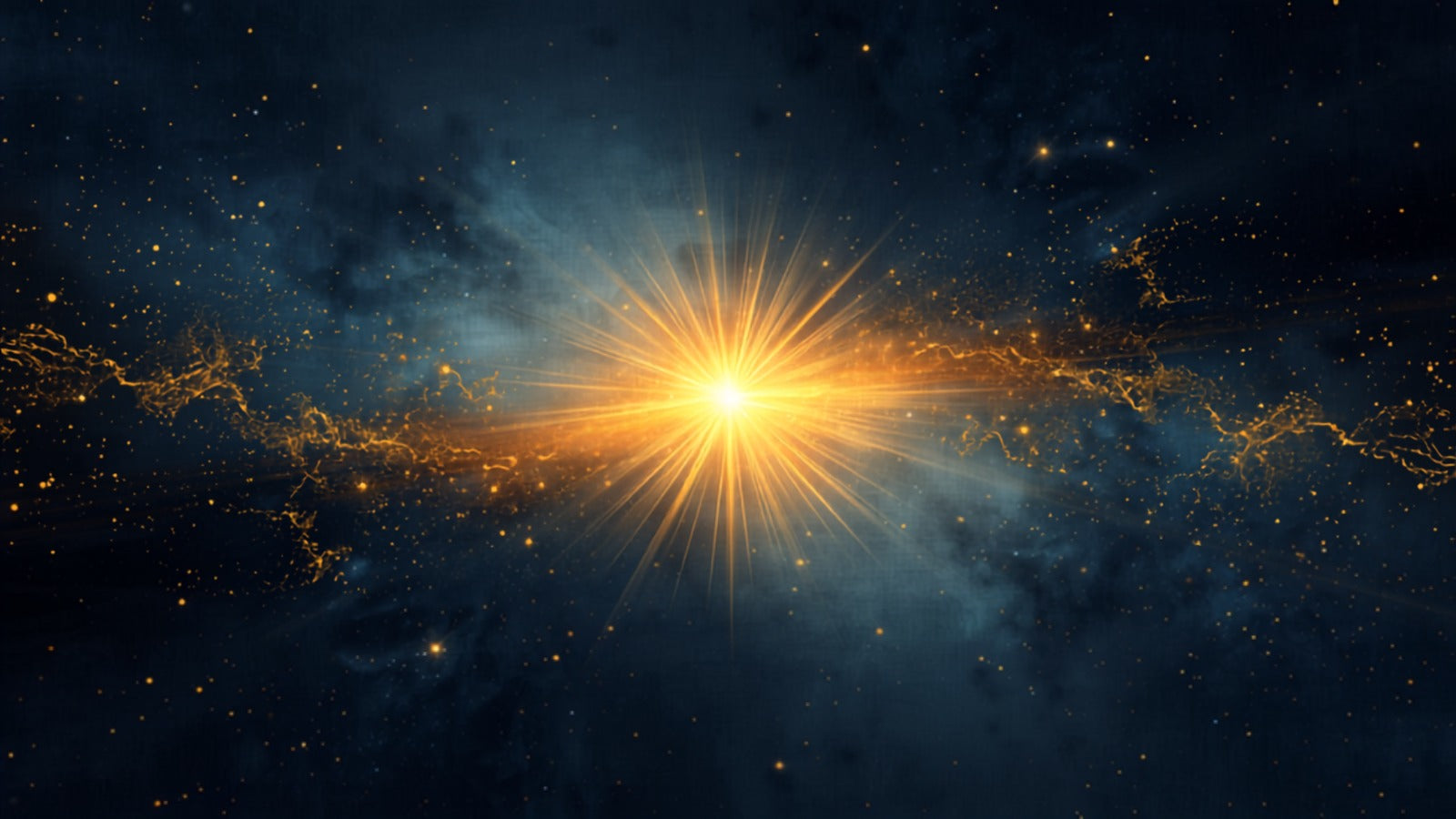 Scattered golden tendrils of light drawing inward and gathering toward a calm central glow in a deep cosmos — pratyahara, the inward turn