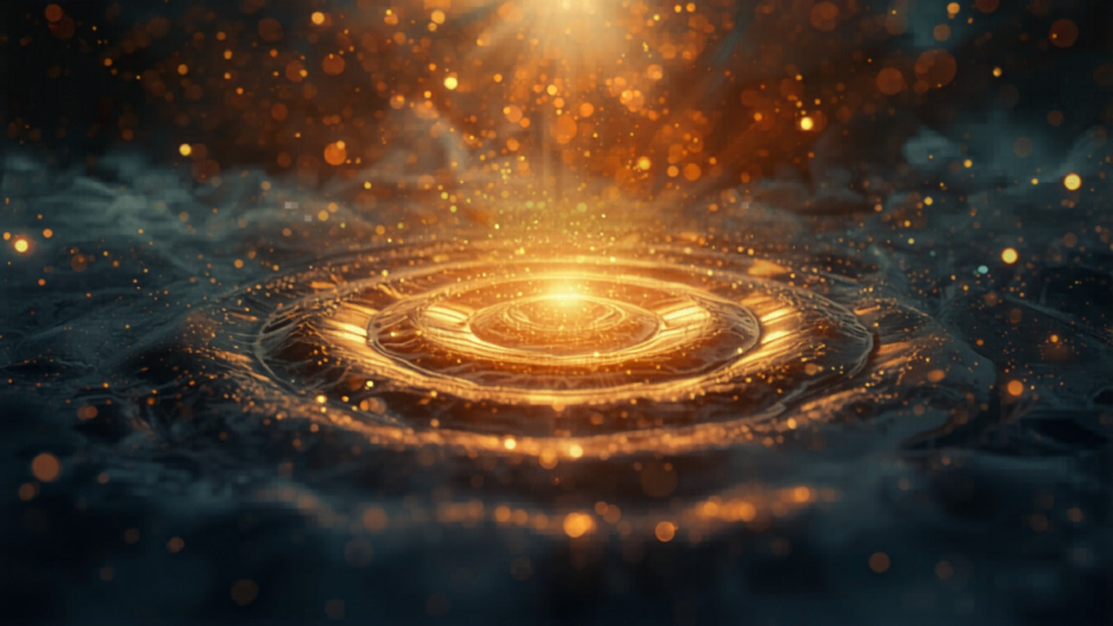 Concentric ripples of warm golden light spreading slow through a deep cosmic dark — Taurus, the throat and the voice
