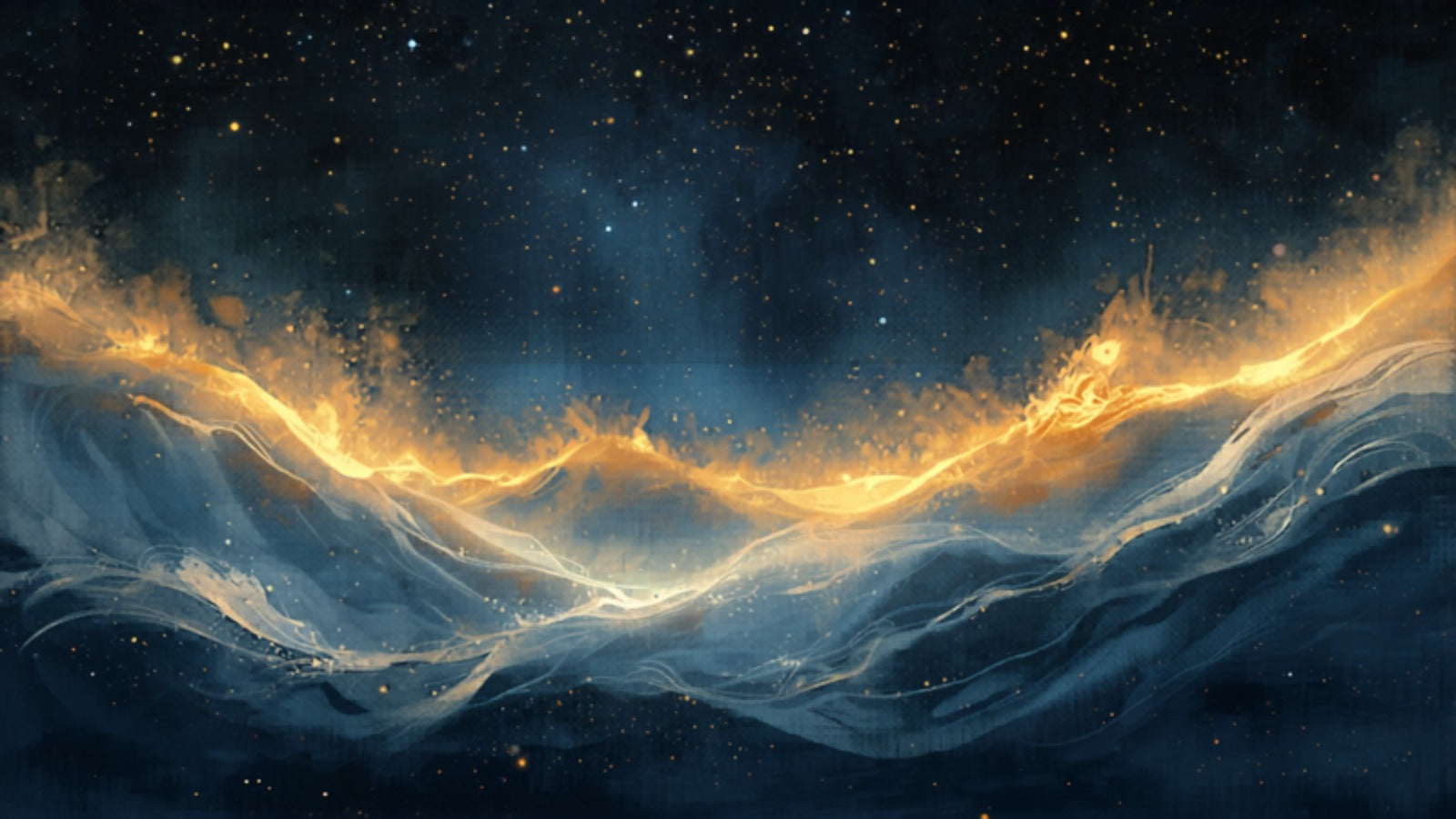Soft golden tides rising and gathering under a luminous glow in a deep cosmic dark — Cancer, the chest and the tides