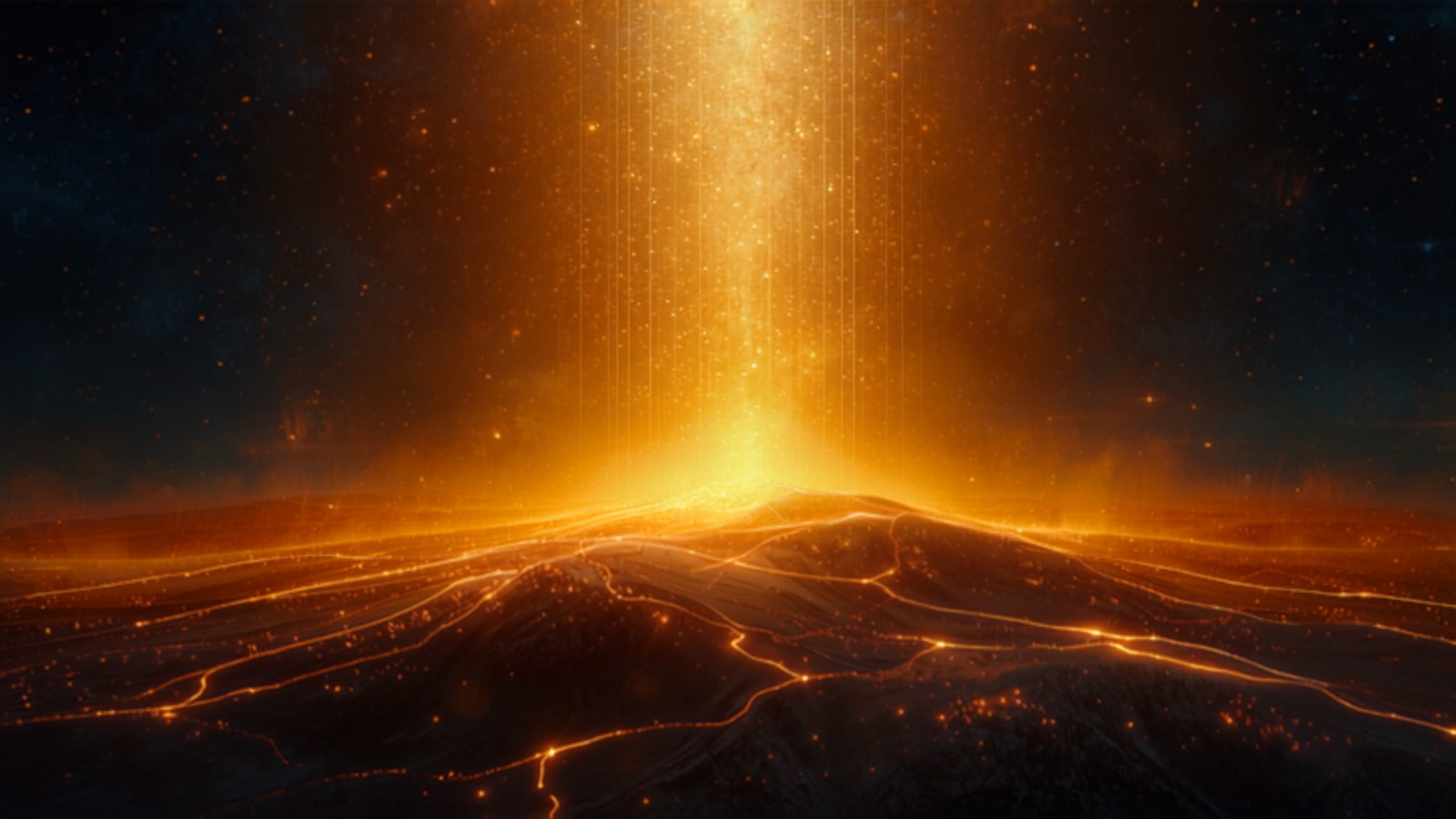 An elongated field of golden light studded with glowing points and zones connected by fine lines, like a small map of the body, in a deep cosmos — reflexology
